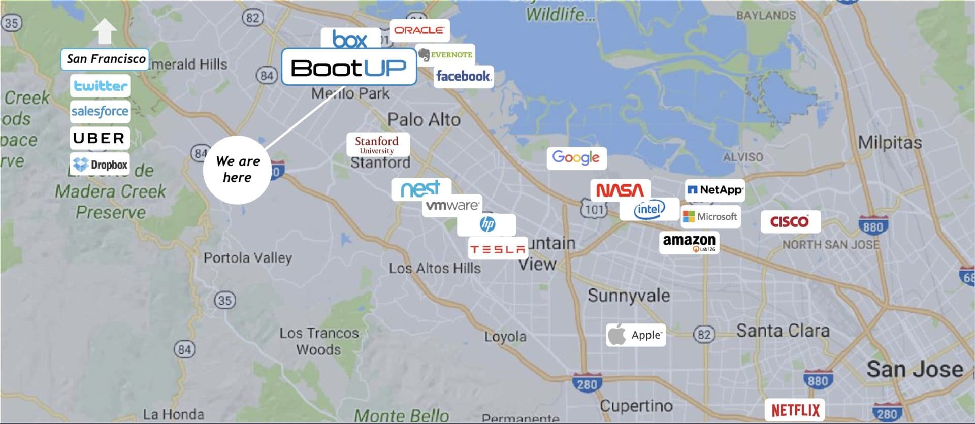 Map showing BootUP in the heart of the Silicon Valley ecosystem